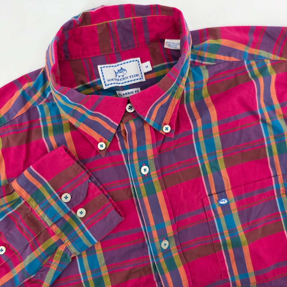 Southern Tide Classic Fit Plaid Button‎ Down Shirt Men's Medium Pink Blue Orange